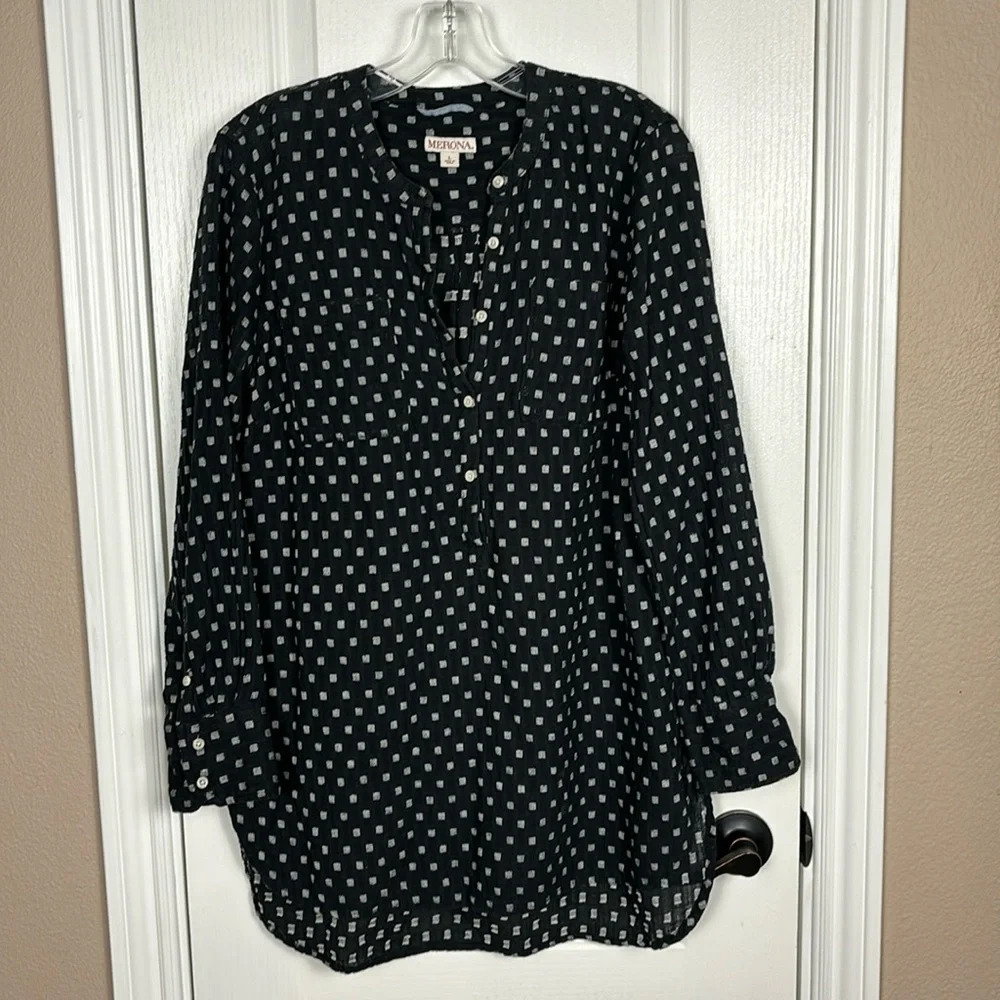 Merona Women's 1/2 Button Up Long Sleeve Pocketed Tunic Black/Grey Top Size L‎